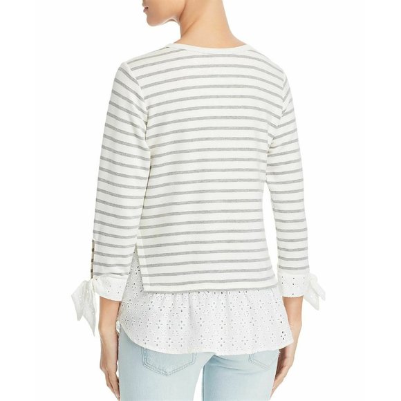 Status by Chenault Ivory Gray Stripe LS Eyelet Top - Picture 2 of 8